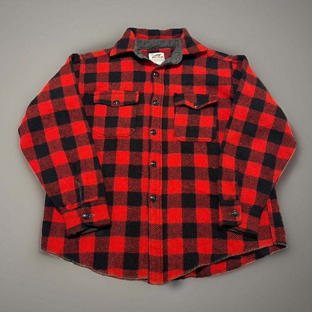 Vintage 80s Duxbak Mens Red Black Buffalo Plaid Outdoor Wool Flannel Shirt L